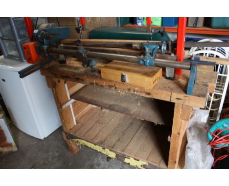 A HAWKER SIDDELEY 'THE ELF' LATHE ON WOODEN WORK BENCH TOGETHER WITH SASH CLAMPS ETC