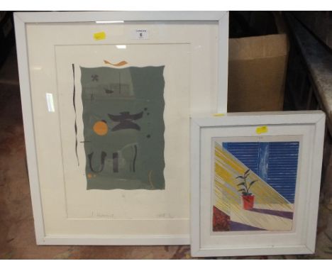 A FRAMED AND GLAZED SIGNED LIMITED EDITION ABSTRACT PRINT BY J. HARRIS 3/4 TOGETHER WITH ANOTHER PRINT (2) 