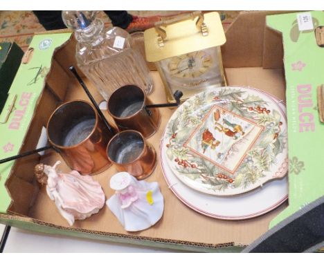 A TRAY OF ASSORTED ITEMS TO INCLUDE ROYAL WORCESTER AND COALPORT FIGURES, GRADUATED COPPER MEASURES ETC