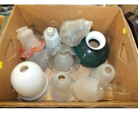A BOX OF ASSORTED VINTAGE GLASS LIGHT SHADES 