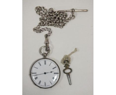 A VINTAGE WHITE METAL POCKET WATCH ON HALLMARKED SILVER ALBERT CHAIN