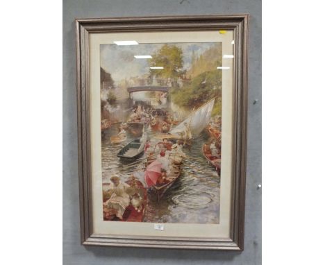 A LARGE FRAMED AND GLAZED PRINT DEPICTING A BUSY CANAL SCENE 
