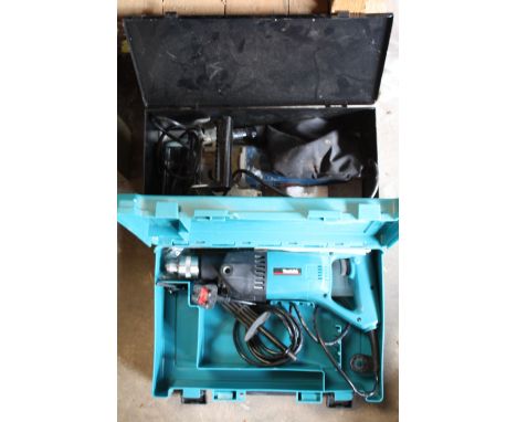 A CASED RYOBI JOINER MACHINE TOGETHER WITH A CASED MAKITA DIAMOND CORE HAMMER DRILL