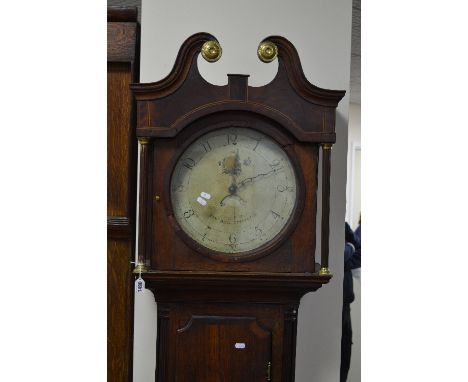 A GEORGE III OAK, MAHOGANY AND INLAID LONGCASE CLOCK, 30 hour movement, circular enamel dial, subsidiary date aperture, signe