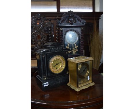 A SLATE MANTLE CLOCK, an onyx Tempus Fugit mantle clock and another mantle clock (3)