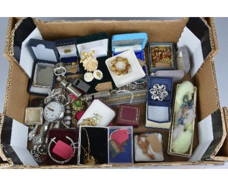 A BOX OF MIXED COSTUME JEWELLERY, etc