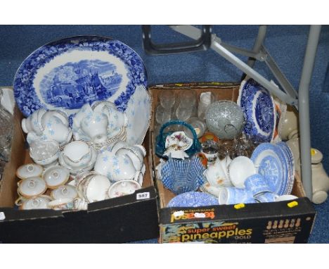 TWO BOXES AND LOOSE TEAWARES, GLASSWARES, STONEWARE WATER BOTTLES ETC, to include Bell China teawares, Heathcote China 'Willo