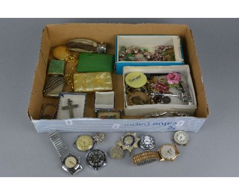 A BOX OF MISCELLANEOUS, to include costume jewellery, watches, police cap badges etc