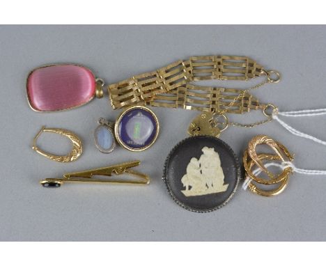 A PARCEL OF COSTUME JEWELLERY, including a pair of 9ct earrings and a 9ct gate bracelet