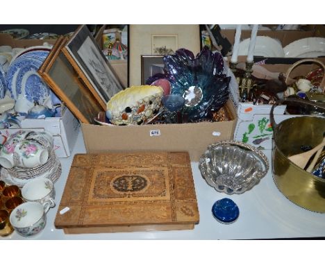 A BOX AND LOOSE SUNDRY ITEMS ETC, to include pictures, book ends, Sylvac planter, Italian glass bowl, marquetry work box etc 