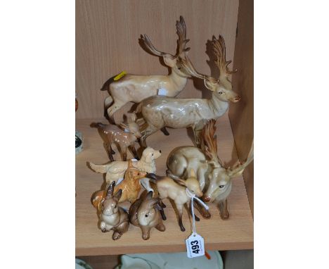 A GROUP OF BESWICK ANIMALS, 'Stag' No 954, 'Doe' No 981 (x2 one has re-glued antler), 'Fawn' No 1000A (x2 one has re-glued le