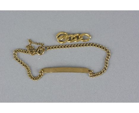 A MID-LATE 20TH CENTURY 9CT GOLD IDENTITY BRACELET, a narrow curved identity panel fitted to a plain curb link chain with an 