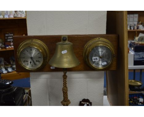 A MOUNTED OBSERVOR CLOCK, BAROMETER AND BRASS BELL SET, bell marked 'SAL JUNGER MARINE'