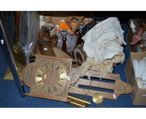 A BOX AND LOOSE SUNDRY ITEMS, to include 'Pallas Heges' wall clock, an Anniversary clock, mantel clock, brass companion set, 