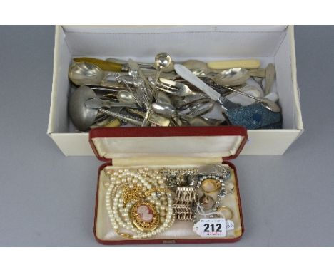 TWO BOXES OF MISCELLANEOUS COSTUME JEWELLERY, flatware, etc