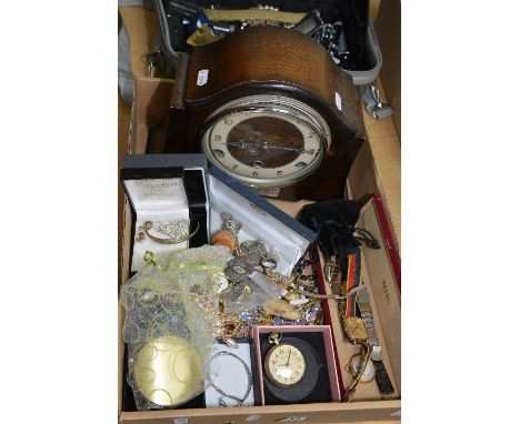 A BOX OF MIXED COSTUME JEWELLERY, including watches, coin bracelet, mantle clock, etc