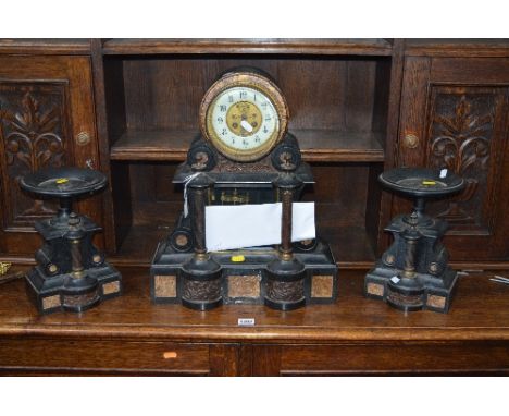 A 19TH CENTURY FRENCH VINCENTI & CIE BLACK SLATE AND MARBLE CLOCK GARNITURE, with gilt metal and bronzed mounts, enamel dial,