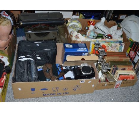 THREE BOXES AND LOOSE SUNDRY ITEMS, to include books, cameras, novelty teapots, Imperial typewriter etc