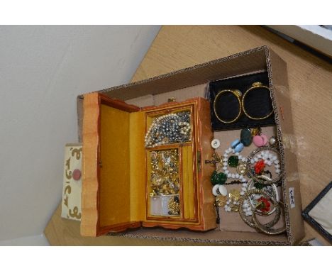 A BOX OF MISCELLANEOUS COSTUME JEWELLERY, etc