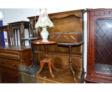 AN OAK SEWING BOX, two wine tables, a lamp, a waiter sign, a tiled top table, a rug and a brass magazine rack (8)