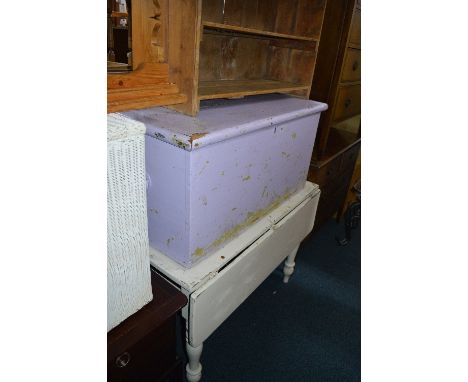 A PAINTED VICTORIAN DROP LEAF TABLE, a painted Victorian blanket box, a pine rustic shelf unit, a pine hanging plate rack and