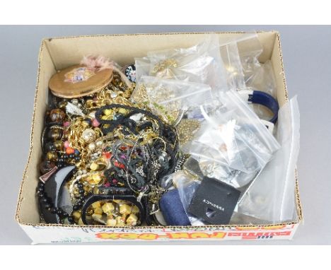 A BOX OF MIXED COSTUME JEWELLERY, etc