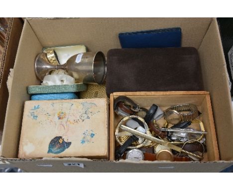 A MIXED LOT OF COSTUME JEWELLERY, silver cup, watches, etc