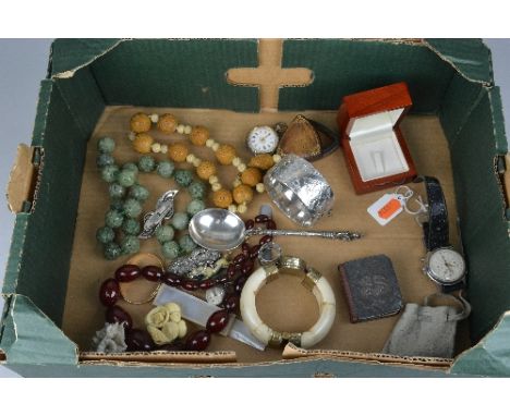 A BOX OF MISCELLANEOUS, including silver bangle, fob watch, spoon, costume jewellery, etc