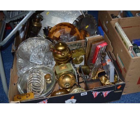 TWO BOXES OF SUNDRIES, to include metalwares, cribbage boards, clocks etc