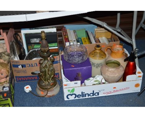 THREE BOXES AND LOOSE SUNDRY ITEMS, to include books, boxed crystal bowl, table lamp, metalwares, handbag etc