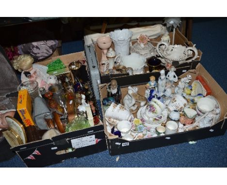 THREE BOXES OF CERAMICS, GLASS, CAMERAS ETC, to include USSR Leopards, K.S.P. Kingfisher, Capodimonte vases, table lamp etc