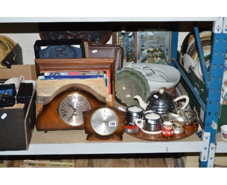 A COLLECTION OF MISCELLANEOUS ITEMS, including mantel clocks, reproduction advertising mirrors, teawares, dolls pram, etc