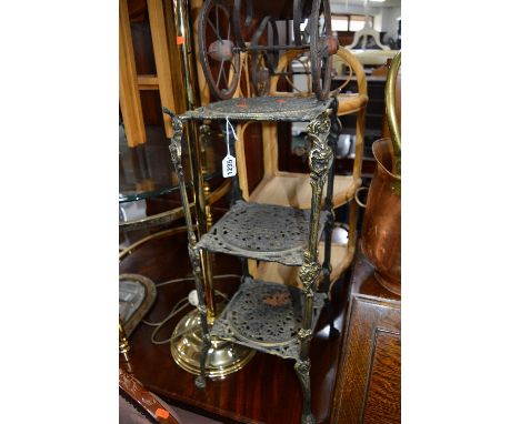 A METAL THREE TIER STAND, a brass standard lamp, dolls pram, copper scuttle, painted linen basket, single chair, etc (9)