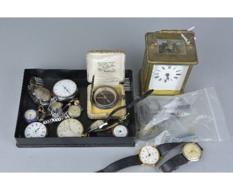 A PARCEL OF ELEVEN WATCHES, pocket watches and fob watches and a compass and carriage clock, (key), a bag of five mixed clock