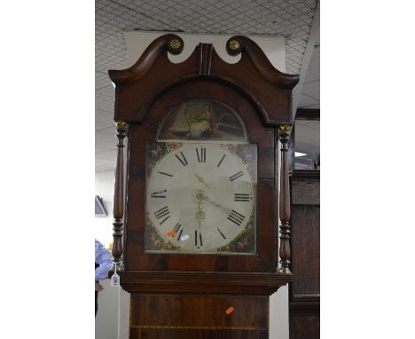 A GEORGE III MAHOGANY, OAK AND INLAID LONGCASE CLOCK, 30 hour movement, Roman numerals, dummy seconds dial and a painted Vict