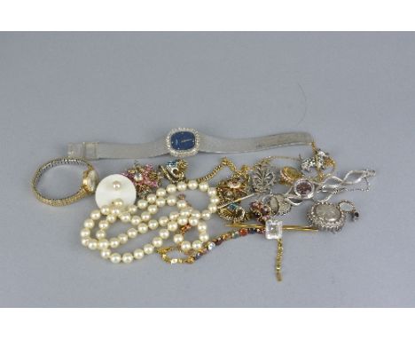 A MISCELLANEOUS LOT OF THREE WATCHES, pearls, earrings, costume jewellery, etc