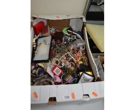 TWO BOXES OF MISCELLANEOUS COSTUME JEWELLERY, etc