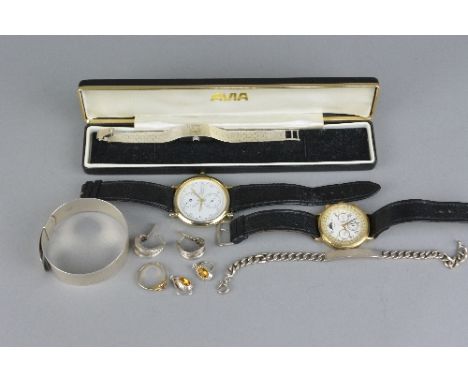 A MIXED LOT OF THREE WATCHES, silver buckle, bangle, other earrings, etc