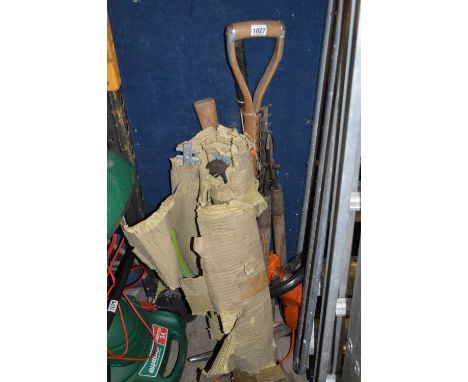 A VINTAGE ELECTRIC HEDGE TRIMMER, two extra blades and various garden tools