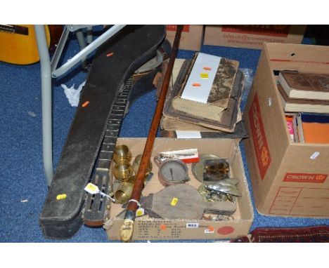 VARIOUS SUNDRIES, to include walking stick, white metal collar, distressed Windsor Ideal model banjo, books etc