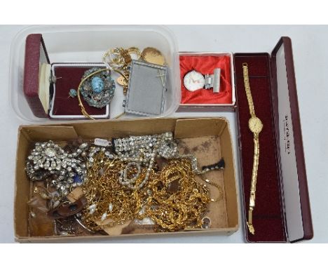 A MIXED LOT, to include a 9ct bangle, gold bracelet, seven 9ct dress rings, costume cameo, brooch, earrings, watch, etc