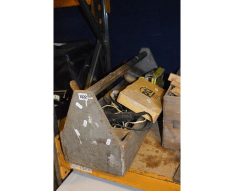 A WOODEN TOOLBOX, containing tools, these includ a Stanley SB3 plane and a vintage 5ft cross cut saw and scythe