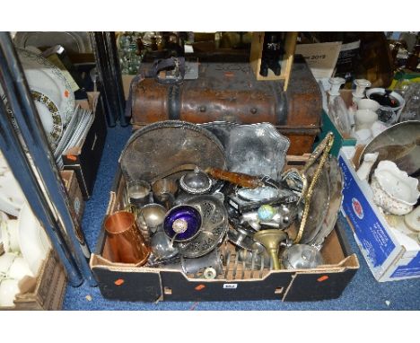 VARIOUS METALWARES, TIN TRUNK, SMALL BELL MICROSCOPE ETC