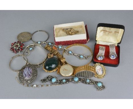 A BOX OF MISCELLANEOUS COSTUME JEWELLERY, including watch, bangle, bracelet, etc