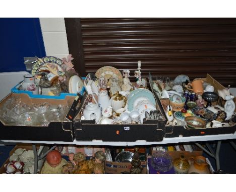 SEVEN BOXES OF CERAMICS, GLASS, ORNAMENTS, ETC, to include Royal Doulton 'Bredon Hill' dinnerwares, Worcester trinkets, Wedgw