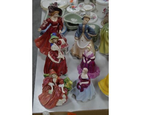 SIX VARIOUS FIGURES, to include three Royal Doulton 'Patricia' figure of the year 1993, HN3365, 'Christmas Morn' HN1992 and '