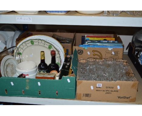 FOUR BOXES OF GLASSWARE, BOOKS, CERAMICS AND SUNDRIES, including playing cards, leather jewellery case, etc