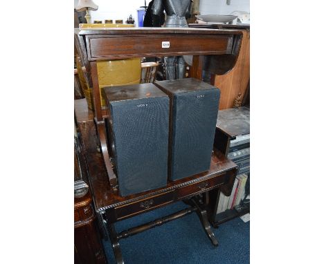 A MODERN MAHOGANY SOFA TABLE, with two drawers, a similar smaller sofa table and an oak sewing box (3)