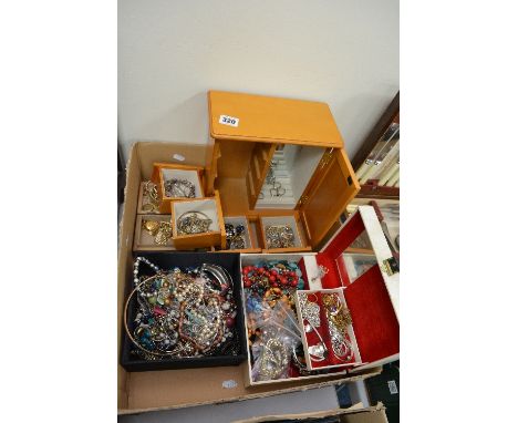 A BOX OF MISCELLANEOUS COSTUME JEWELLERY, etc