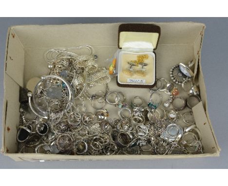 A BOX OF MIXED SILVER AND COSTUME JEWELLERY